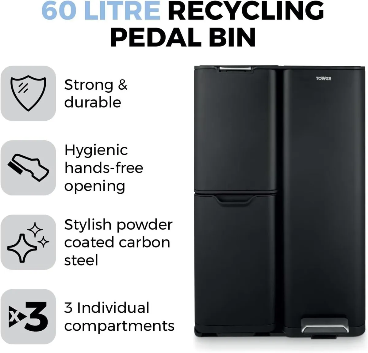 Recycling Pedal Bin Three Individual Compartments - Image 3