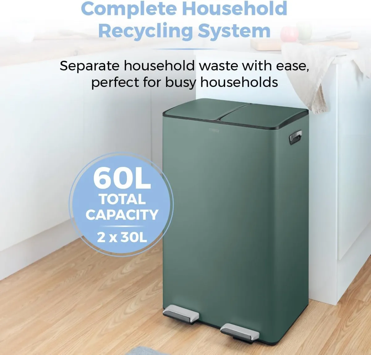 Recycling Pedal Bin Two 30L Compartments with - Image 4