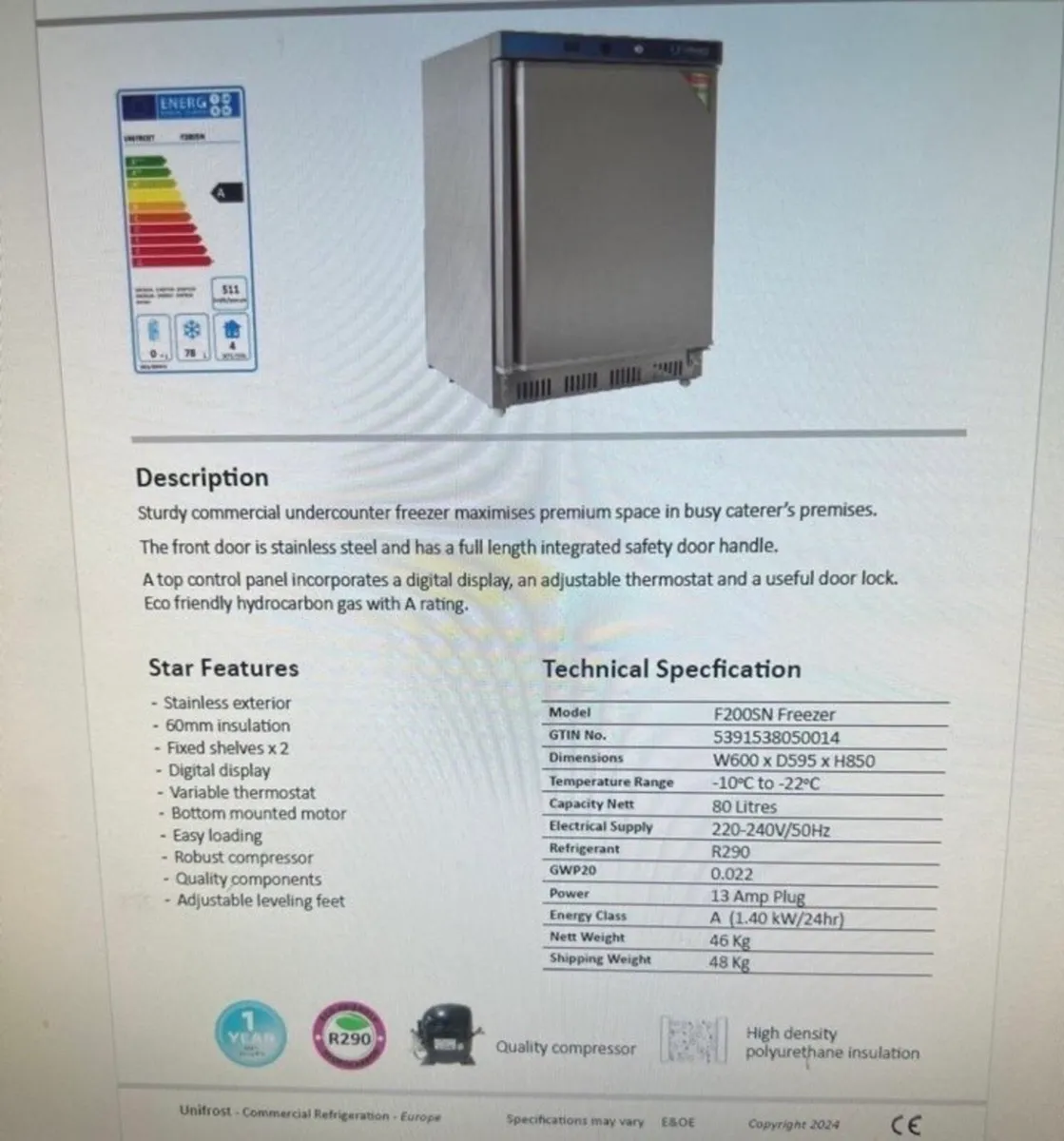 Unifrost F200SN Freezers - Brand New - Image 3