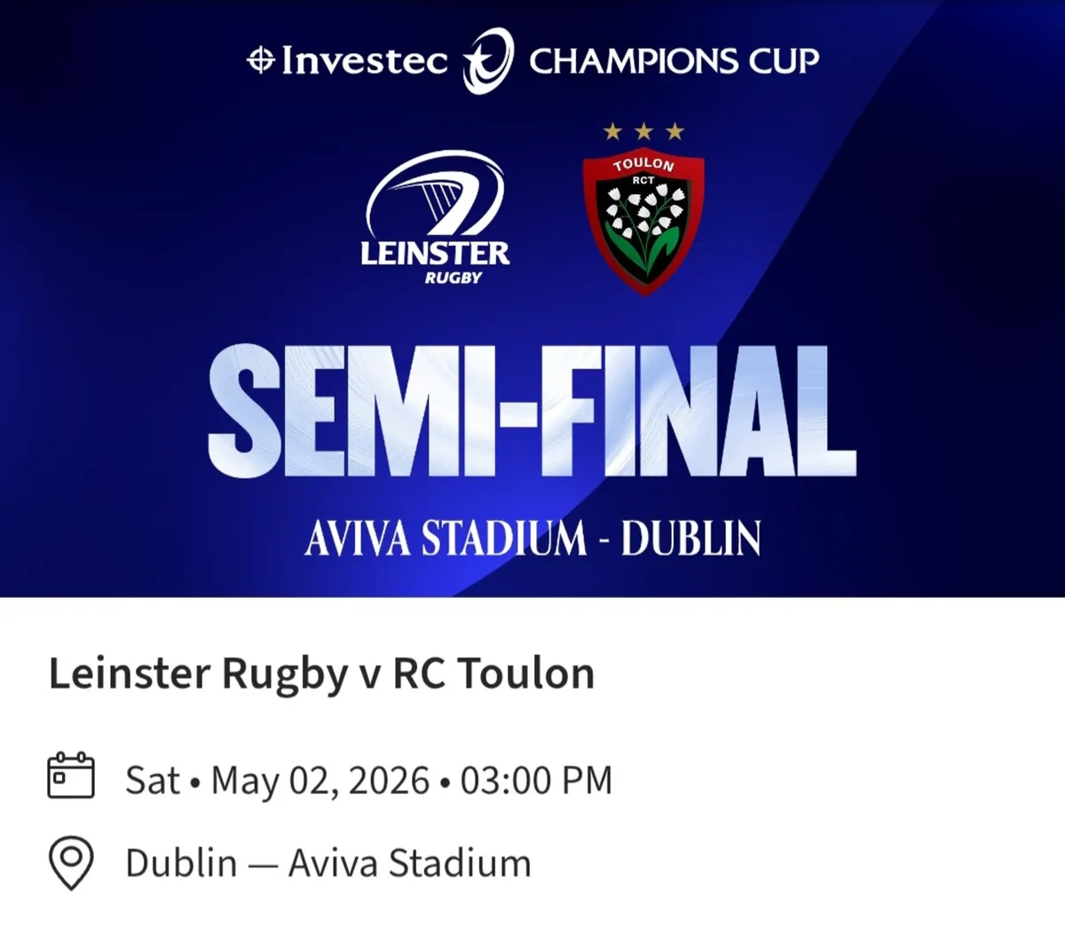 Leinster Rugby v RC Toulon
Premium tickets x2