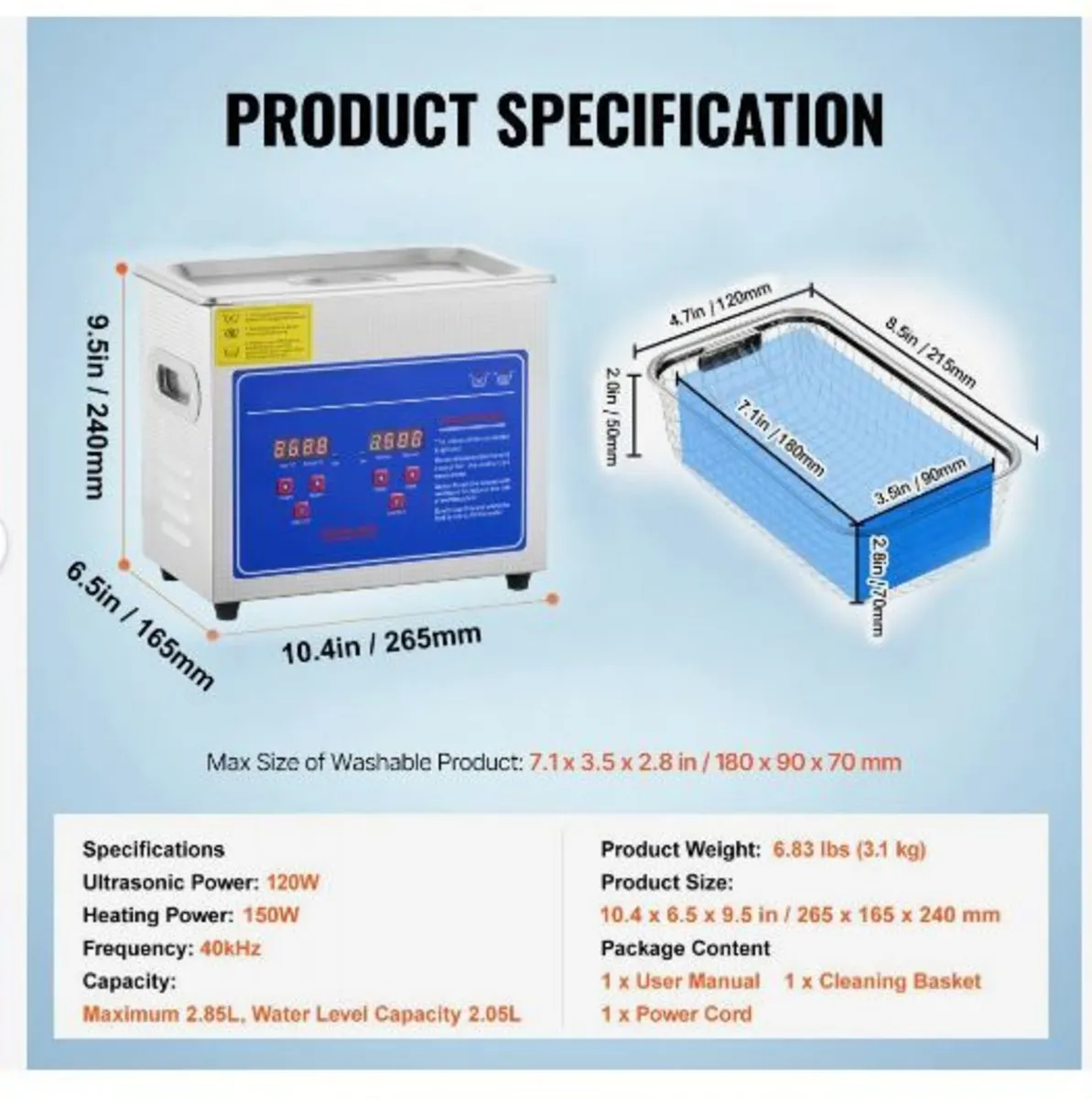 Professional Ultrasonic Cleaner, 2.85 L Ultrasonic - Image 3