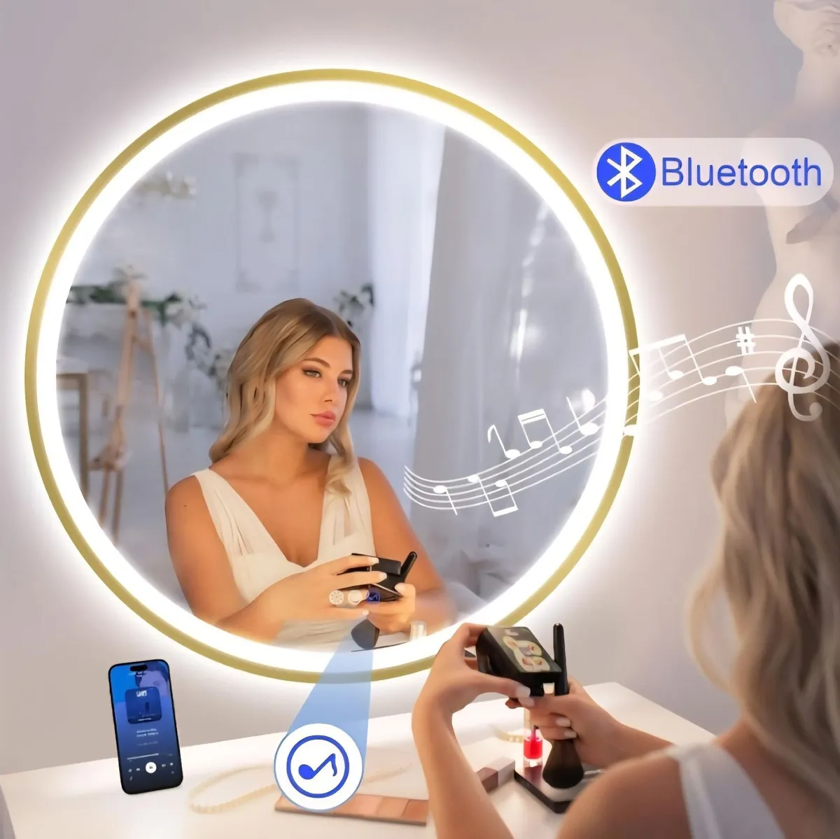 LED Bathroom Mirror Gold Speakers Antifog 80cm - Image 3