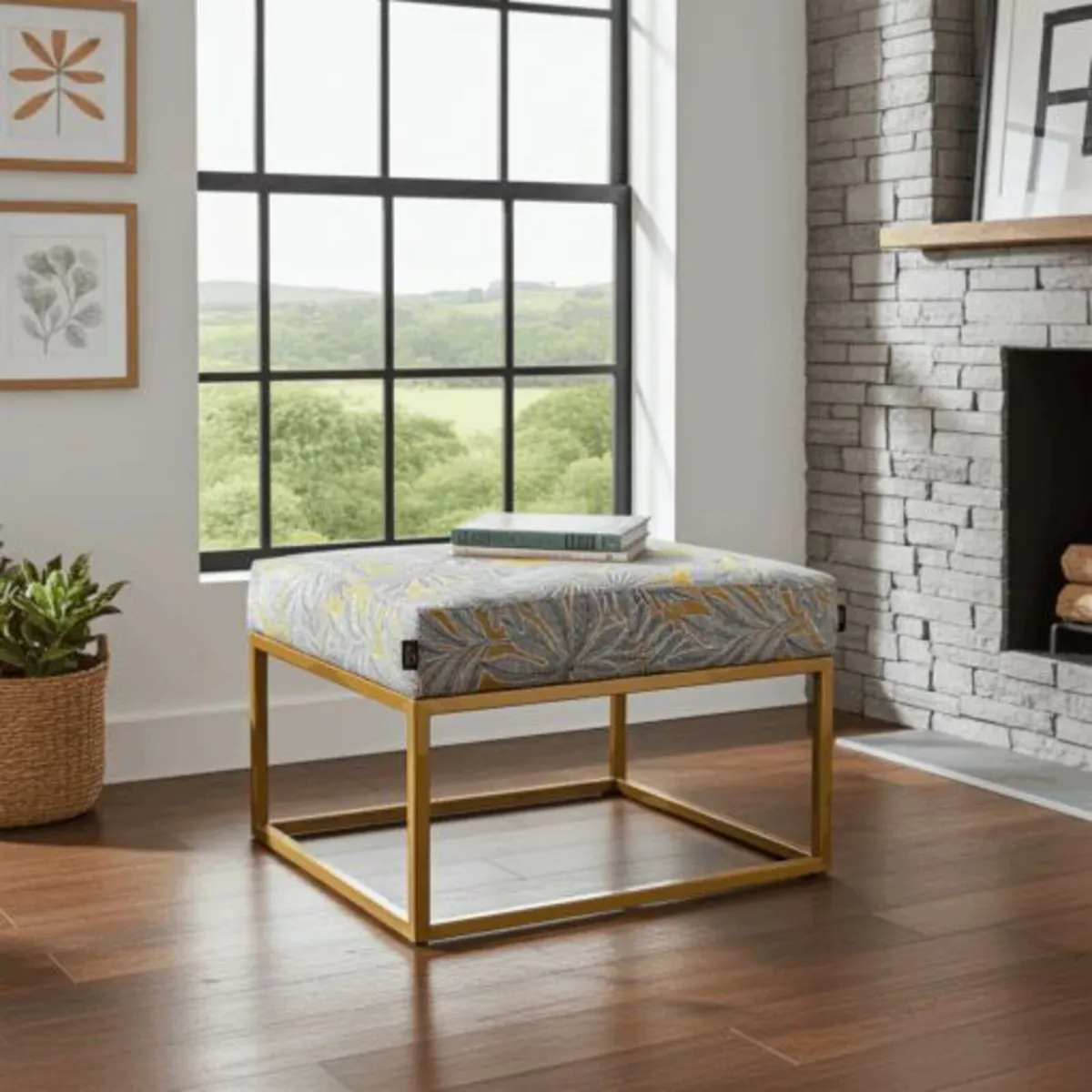 Gray Fabric Square Ottoman 60x60 Metal Frame - Image 3