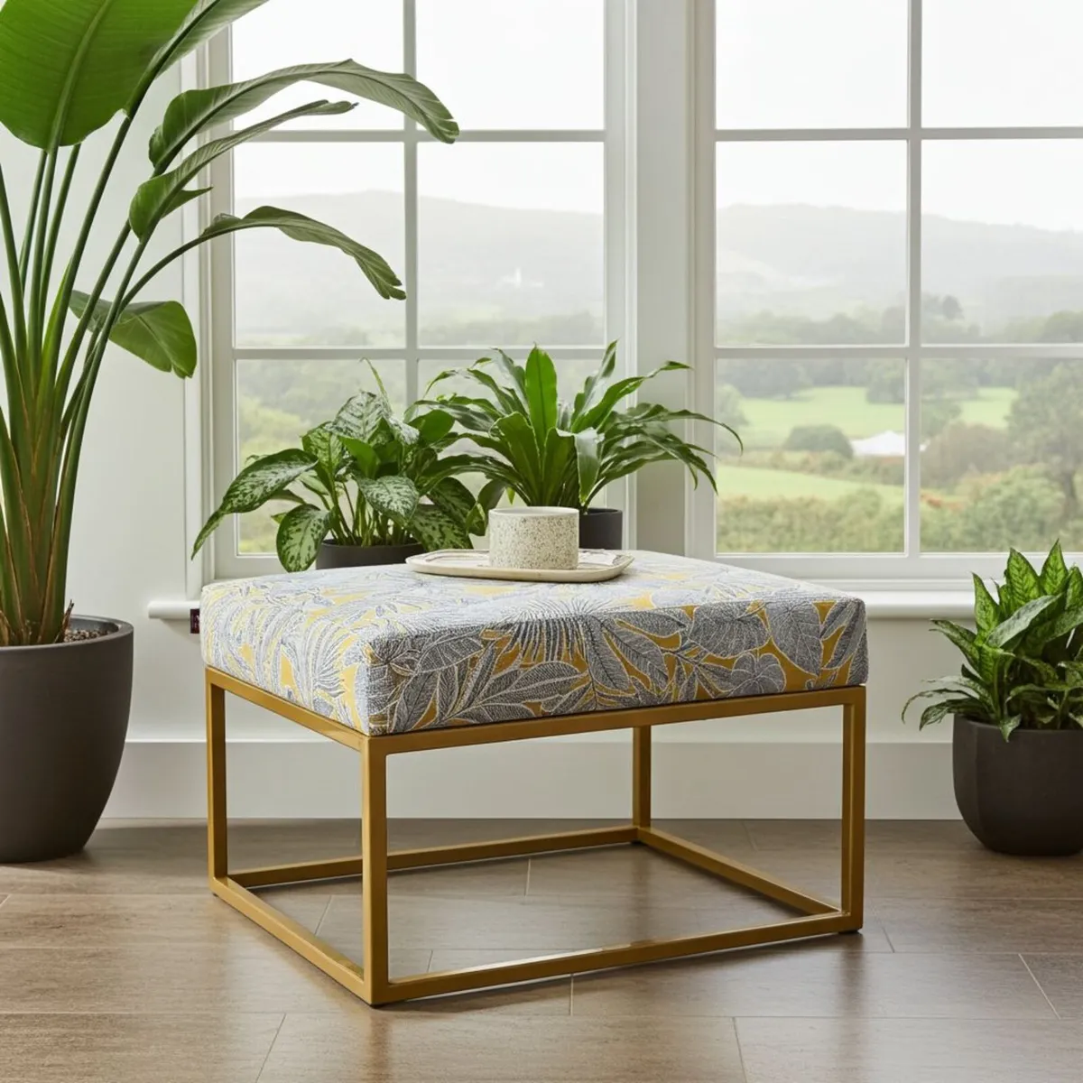 Gray Fabric Square Ottoman 60x60 Metal Frame - Image 4