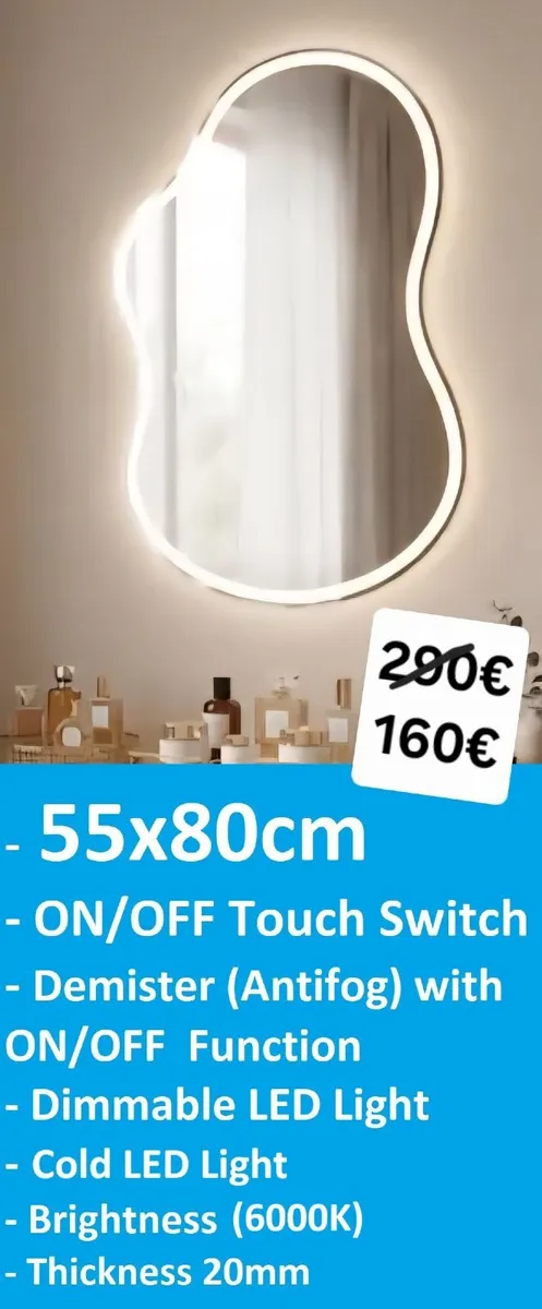 LED Bathroom Mirror 55x80cm Antifog Makeup - Image 1