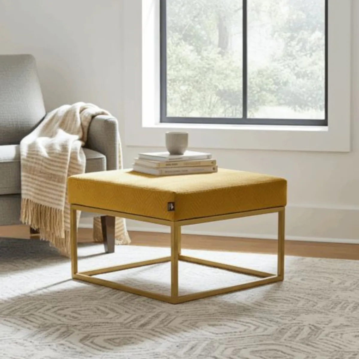 Mustard Velvet Square Ottoman 60x60cm  Metal Frame - Image 1
