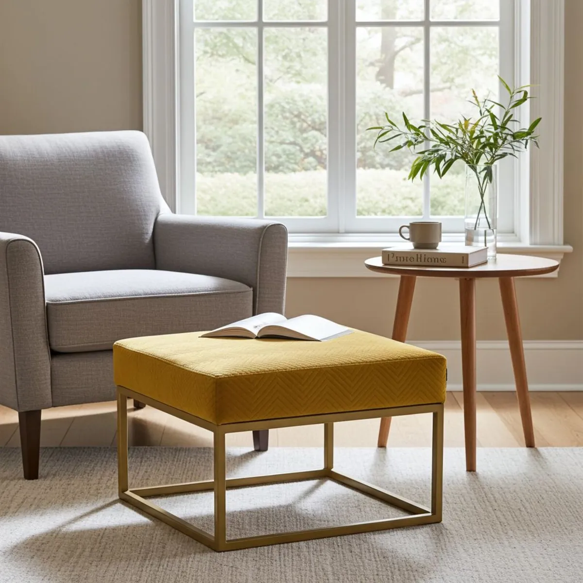 Mustard Velvet Square Ottoman 60x60cm  Metal Frame - Image 4