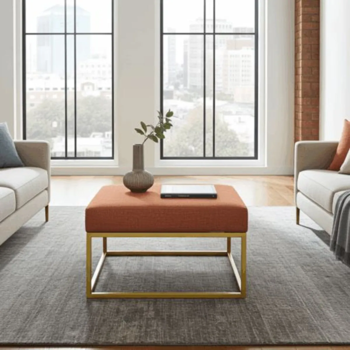 Orange Fabric Coffee Table 60x60 Metal Frame - Image 1