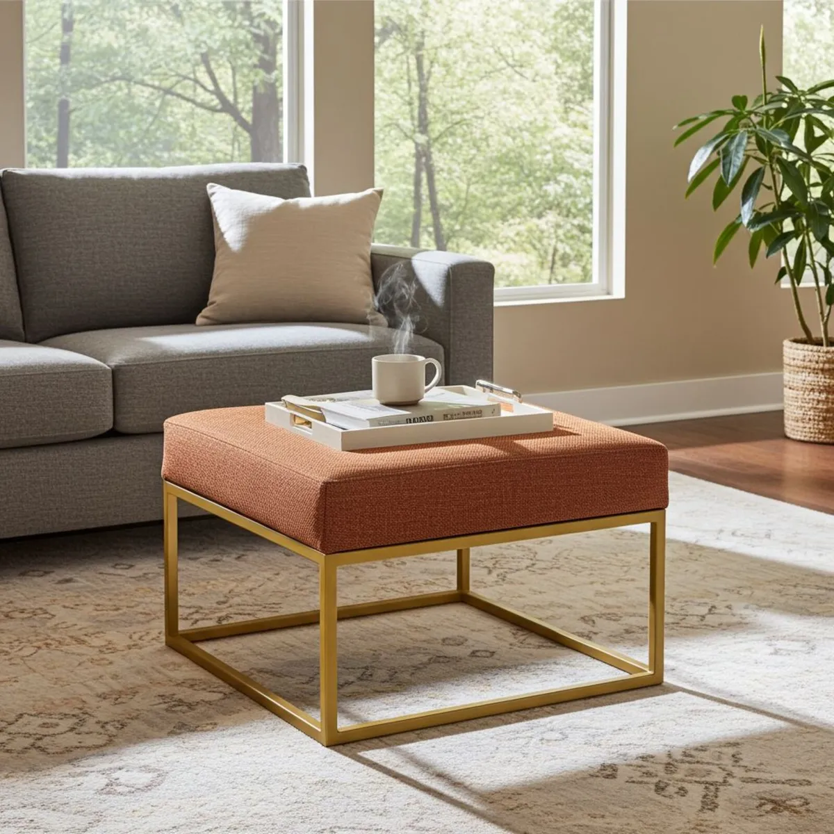 Orange Fabric Coffee Table 60x60 Metal Frame - Image 4