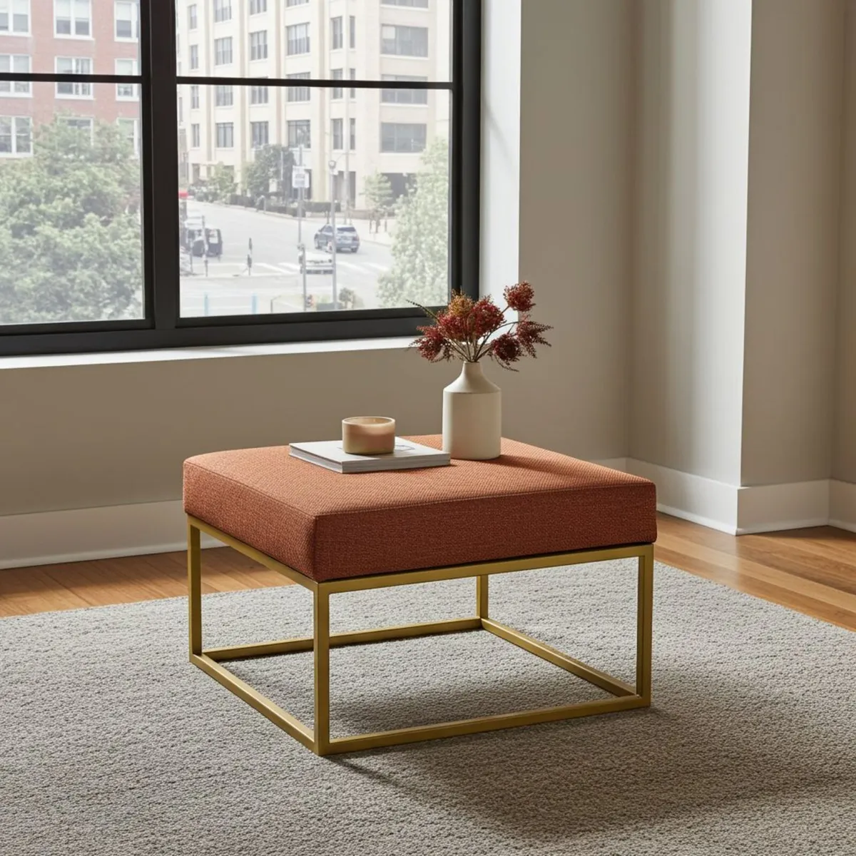 Orange Fabric Coffee Table 60x60 Metal Frame - Image 3