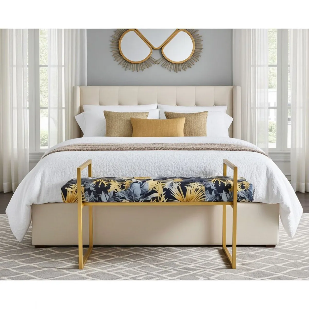 Metal-Framed Bench Navy Tropical Velvet Gold Frame - Image 3