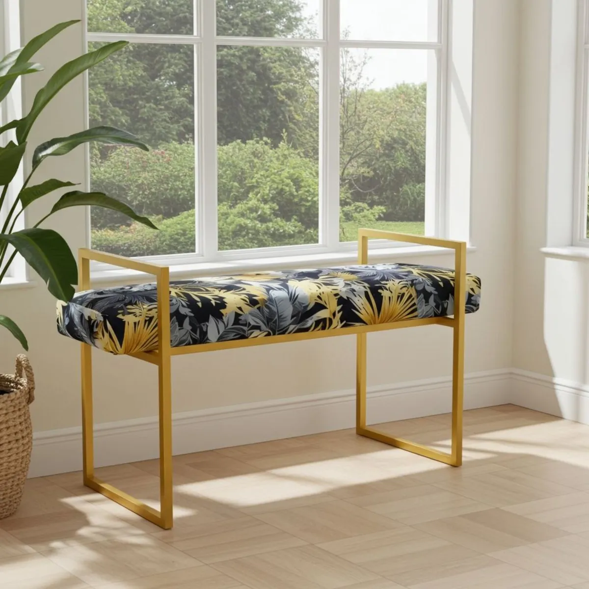 Metal-Framed Bench Navy Tropical Velvet Gold Frame - Image 4