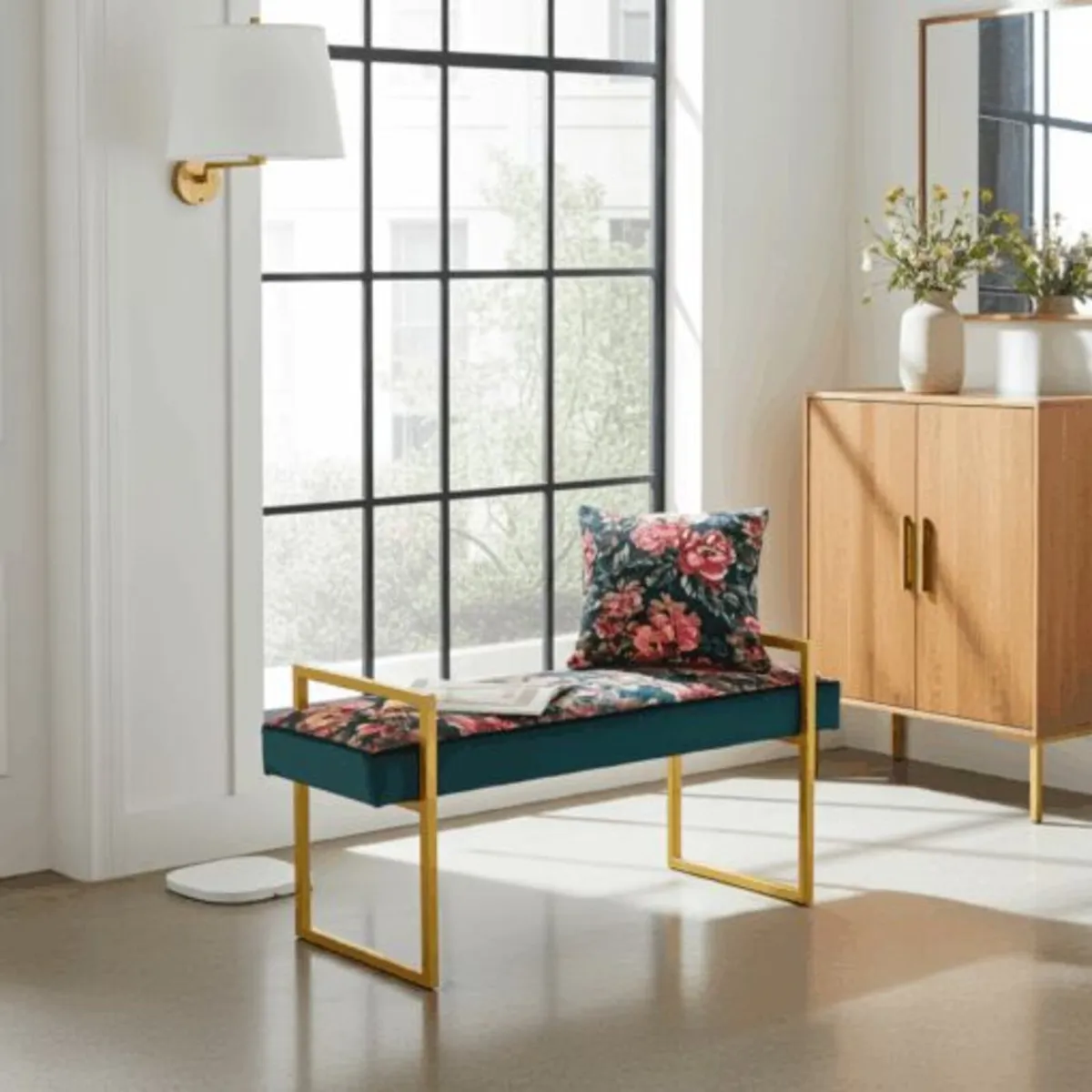 Tropical Velvet Bench  Gold Metal Frame - Image 1