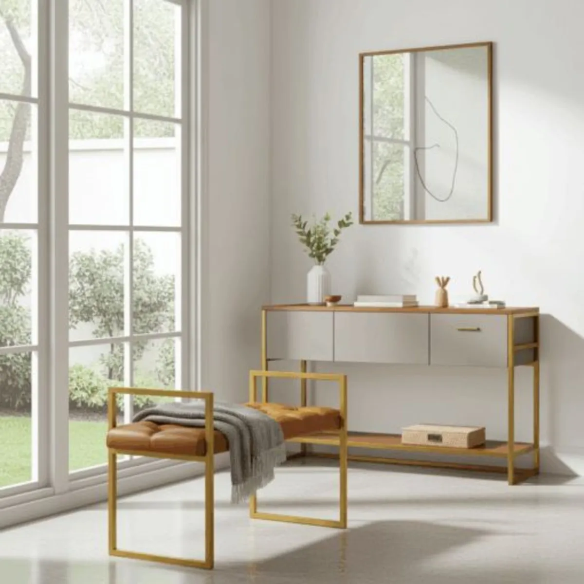 Eco Leather Bench with Gold Frame Tan Seat - Image 2