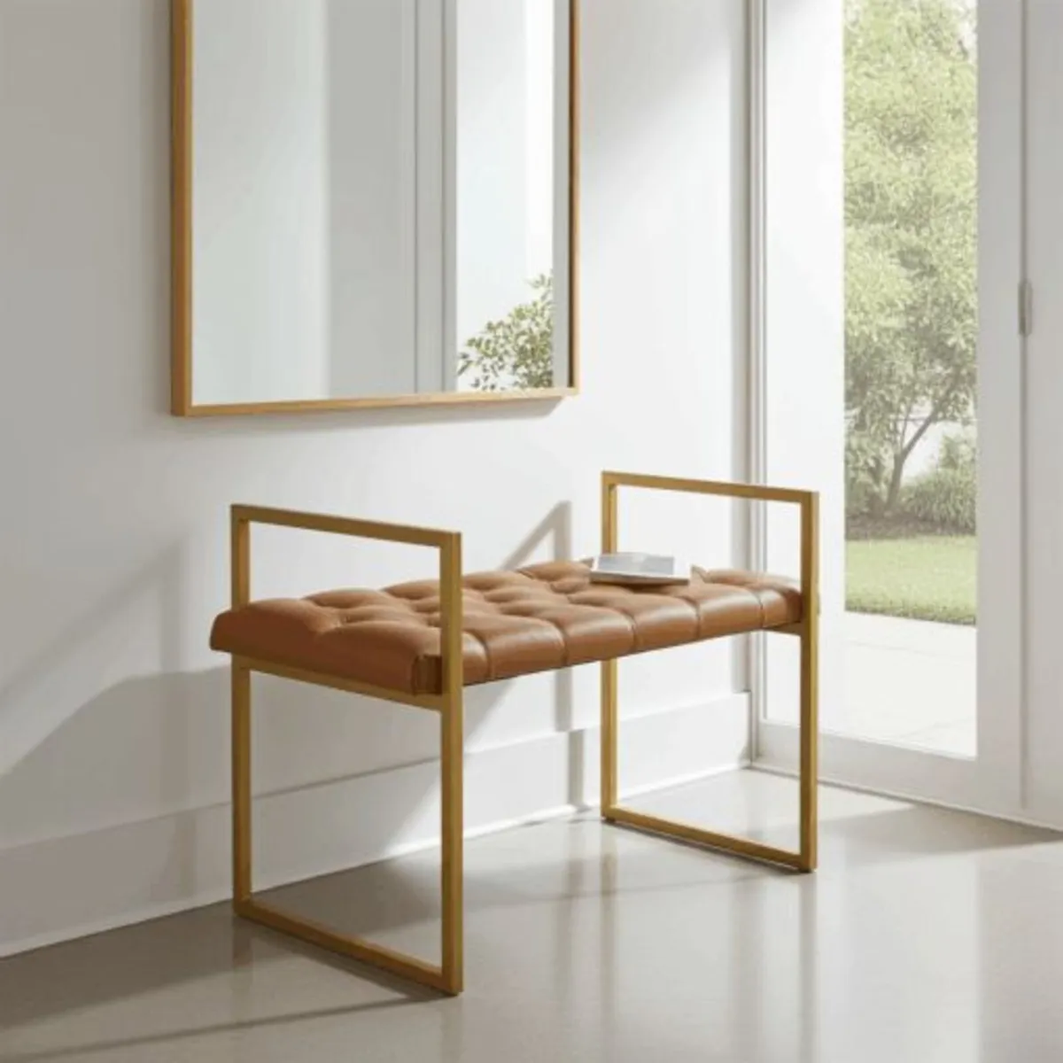 Eco Leather Bench with Gold Frame Tan Seat - Image 1