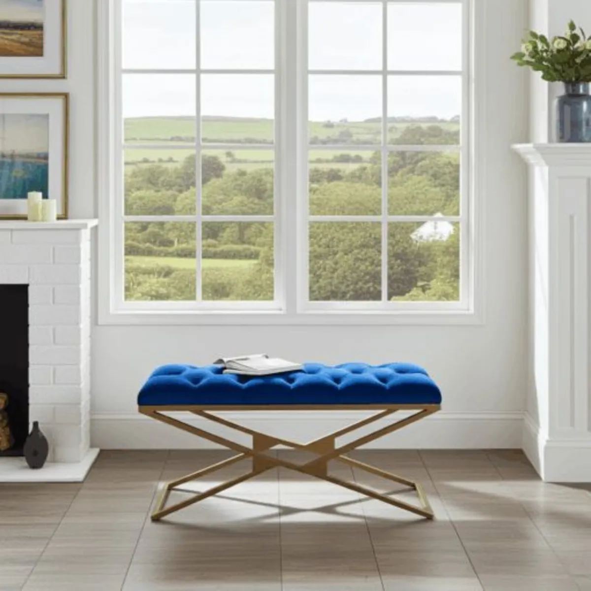Luxurious Blue Velvet Bench with Gold Metal - Image 1
