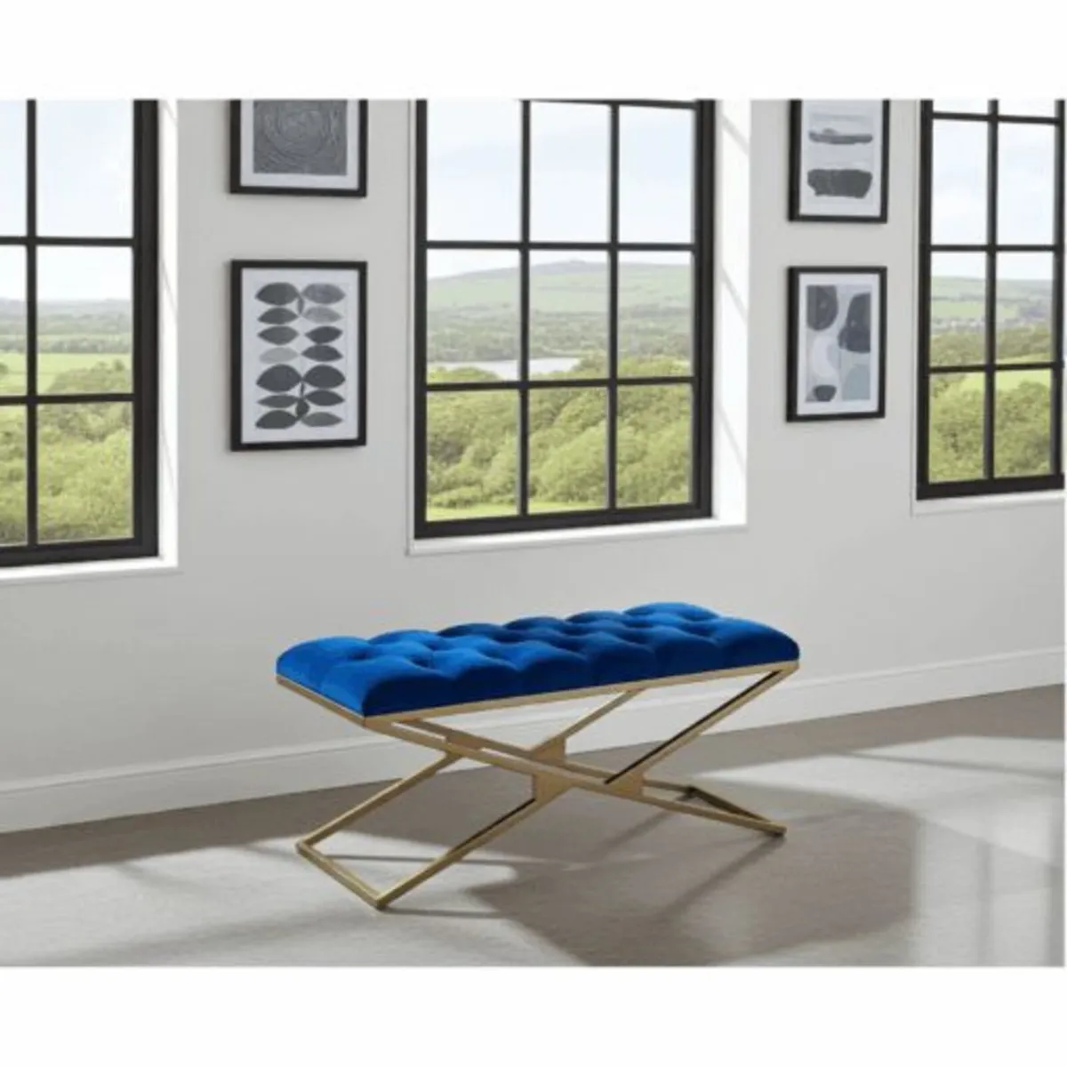 Luxurious Blue Velvet Bench with Gold Metal - Image 2