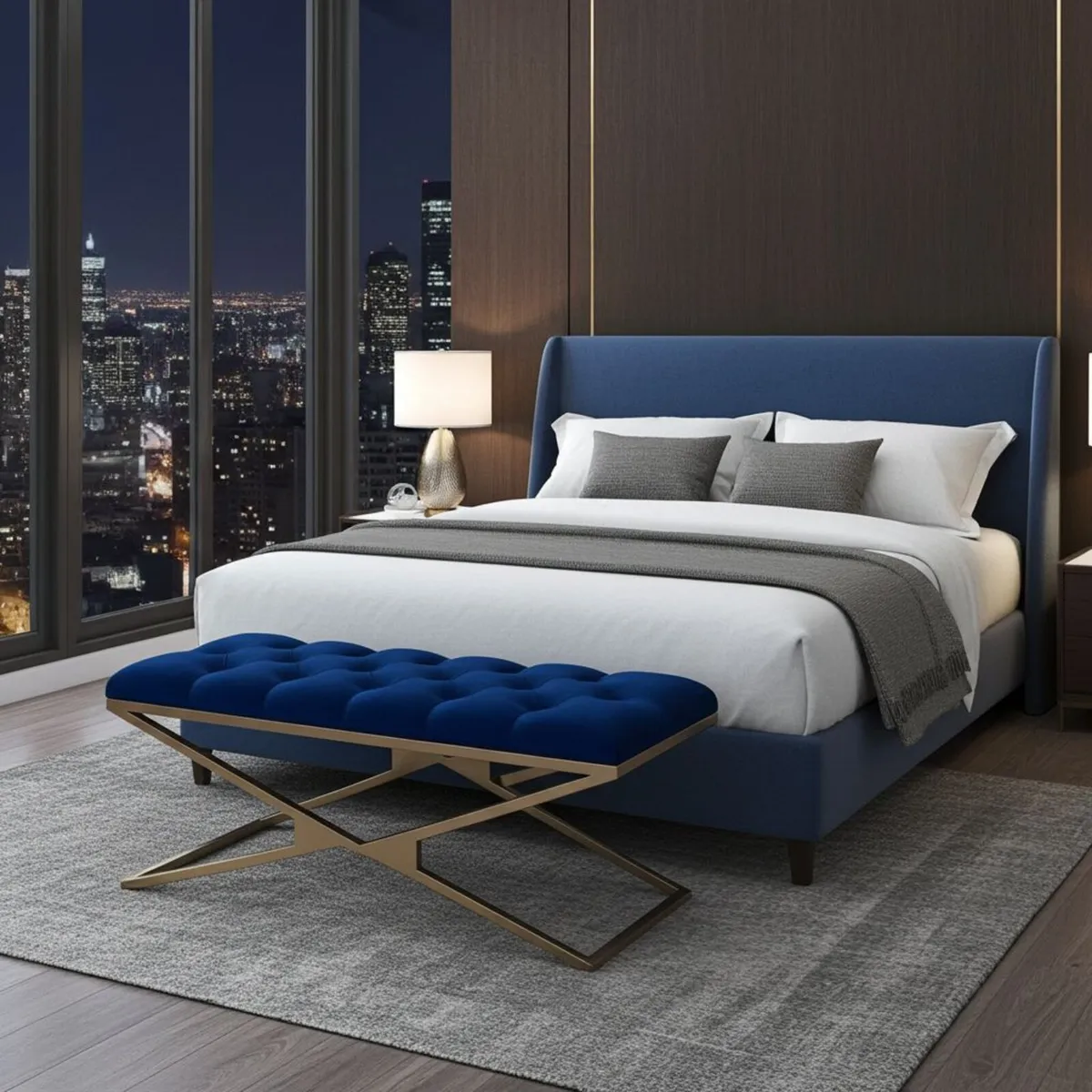 Luxurious Blue Velvet Bench with Gold Metal - Image 3