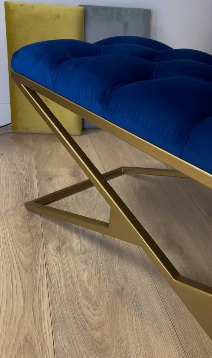 Luxurious Blue Velvet Bench with Gold Metal - Image 4