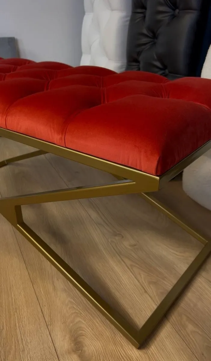 Gold Metal Frame Velvet Bench – 100x40x50cm Red - Image 2
