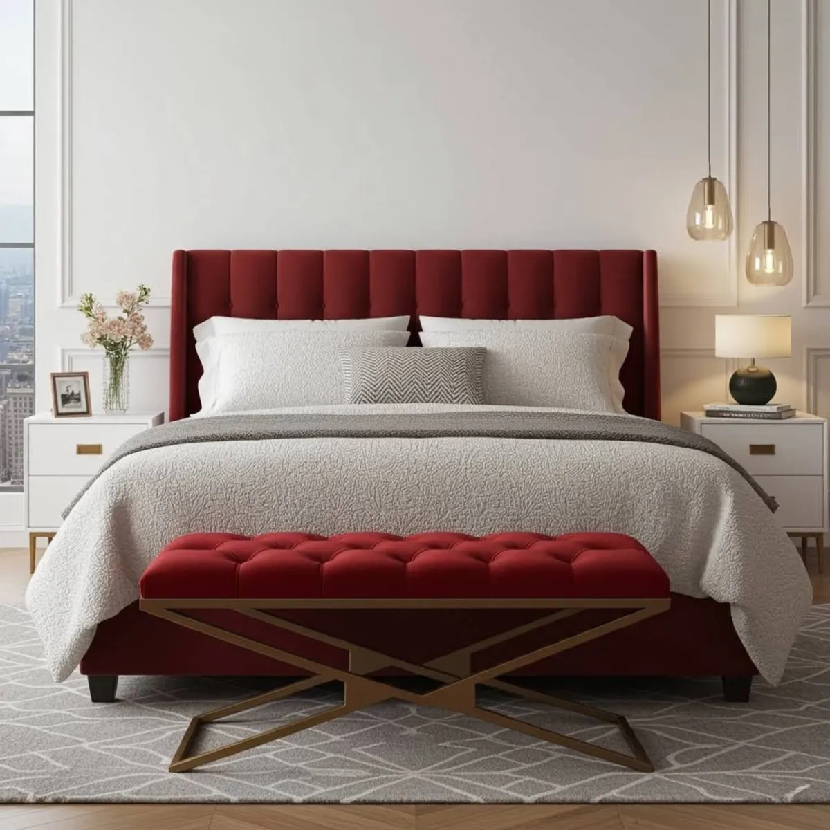 Gold Metal Frame Velvet Bench – 100x40x50cm Red - Image 1