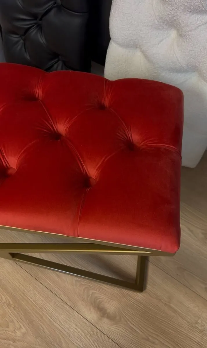 Gold Metal Frame Velvet Bench – 100x40x50cm Red - Image 3