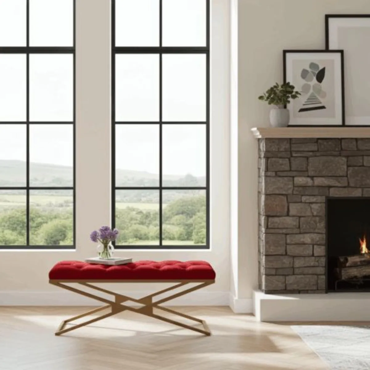 Gold Metal Frame Velvet Bench – 100x40x50cm Red - Image 4