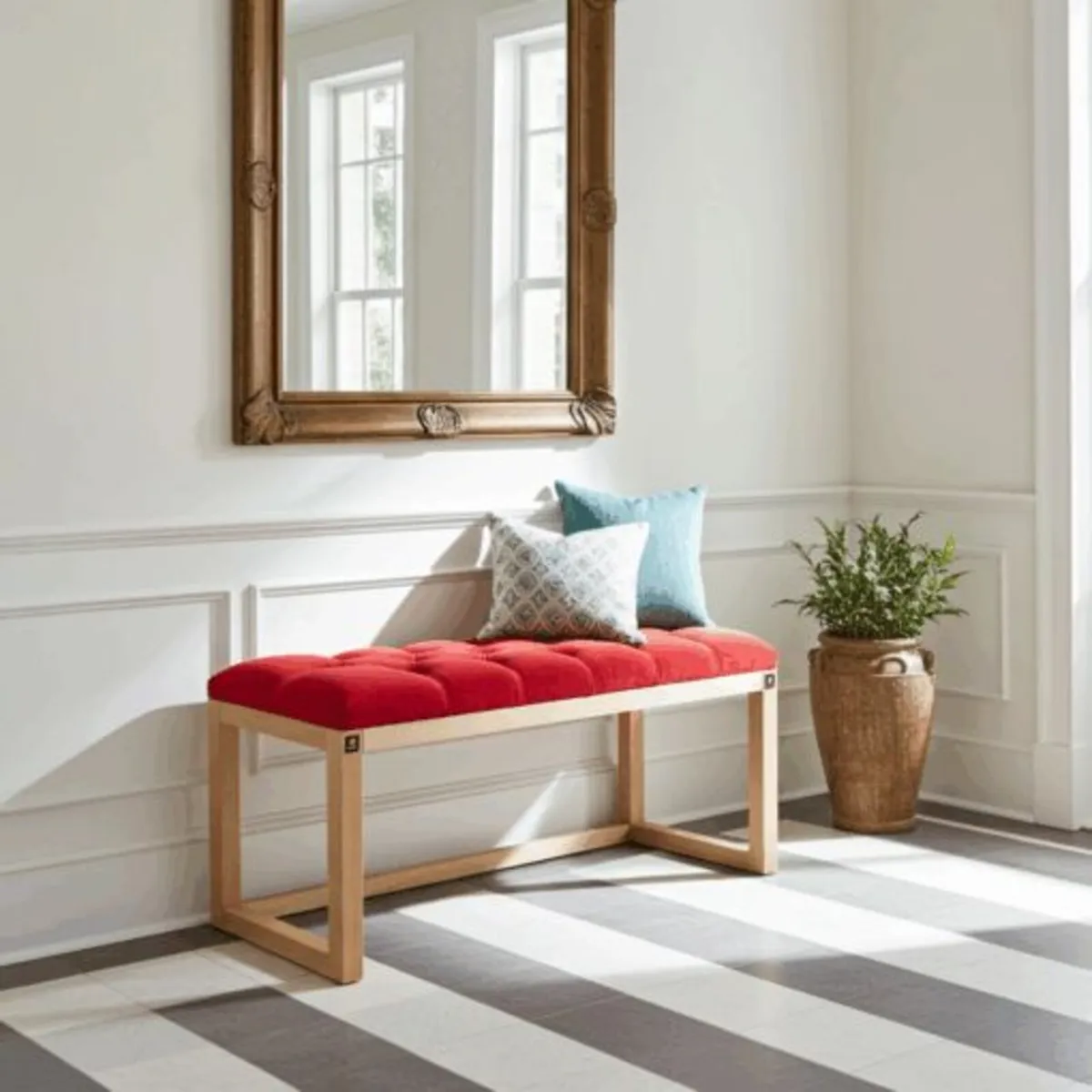Red Velvet Tufted Wooden Bench 100x40cm - Image 3