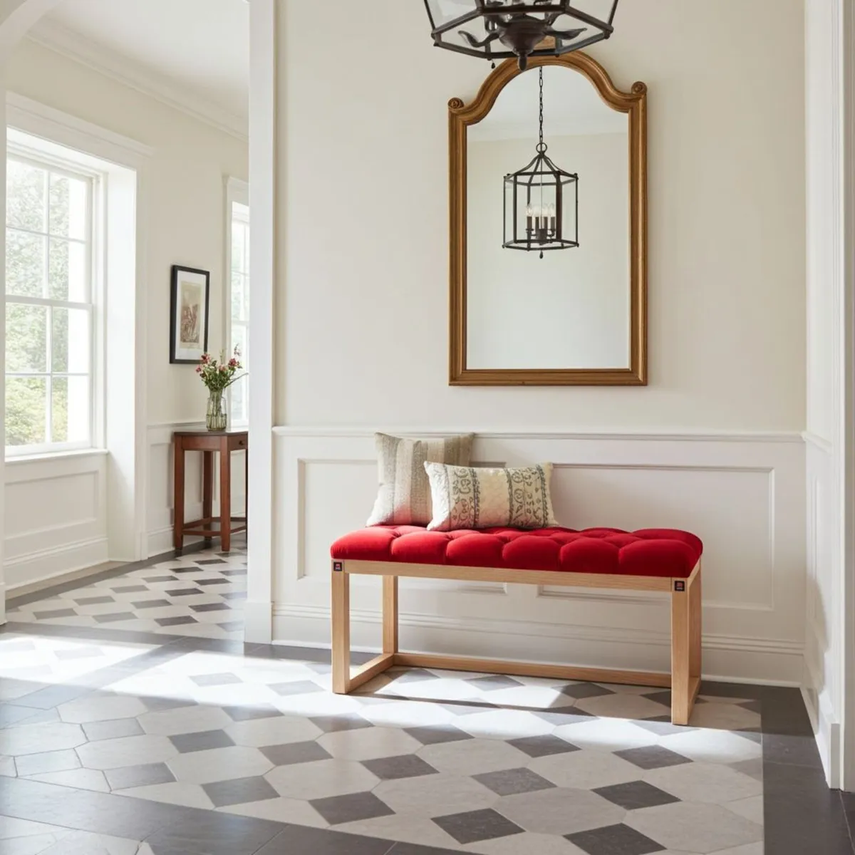 Red Velvet Tufted Wooden Bench 100x40cm - Image 4