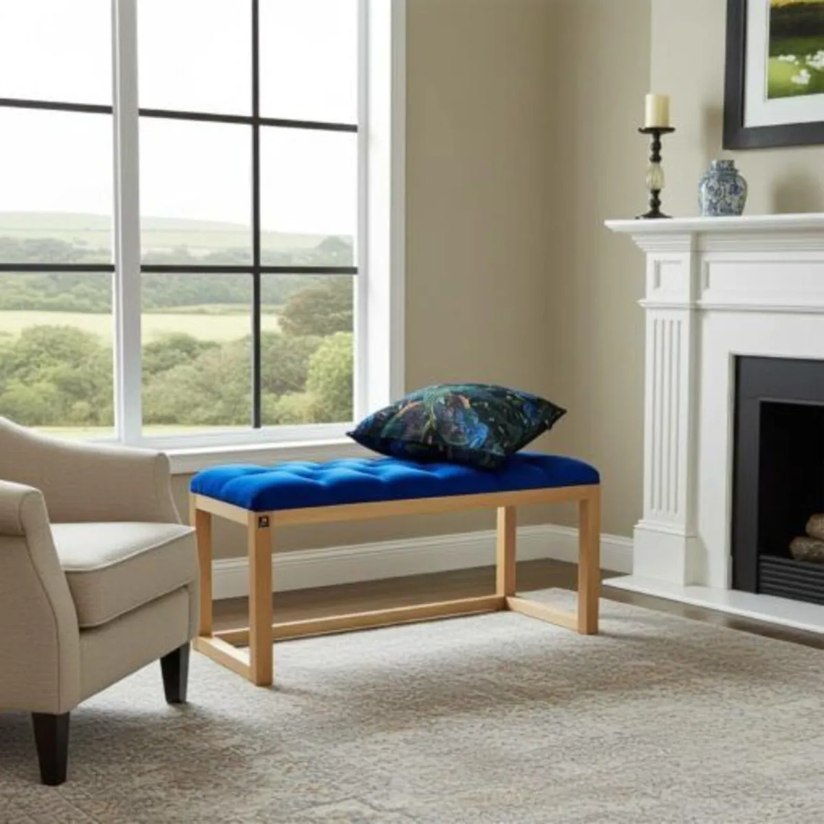 Blue Velvet Wooden Bench 100x40cm – Natural Alder - Image 3