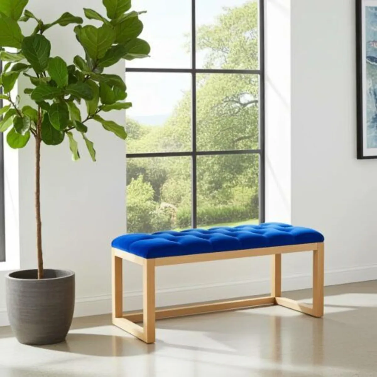 Blue Velvet Wooden Bench 100x40cm – Natural Alder - Image 1