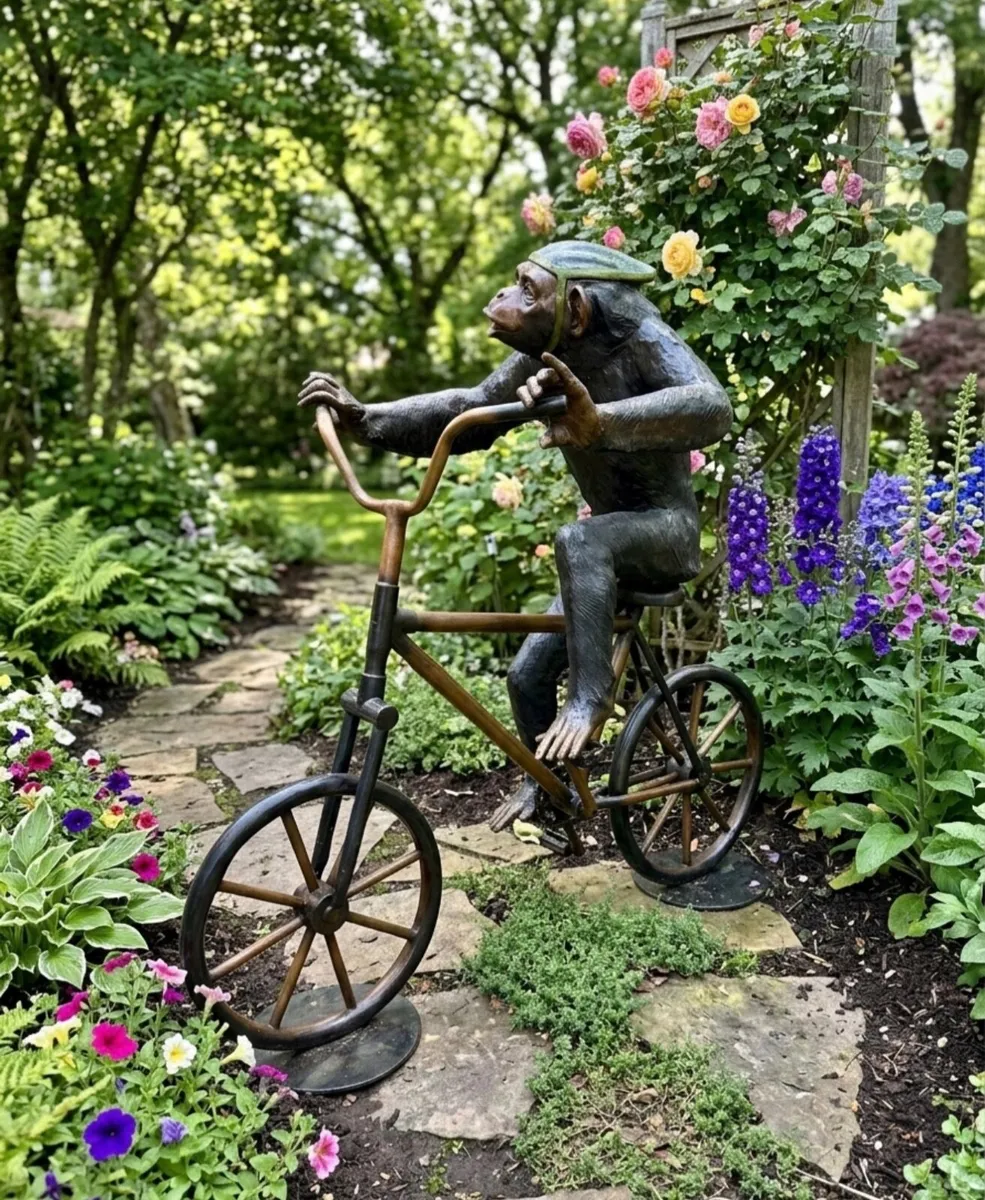 Bronze monkey on bike sculpture life size - Image 3