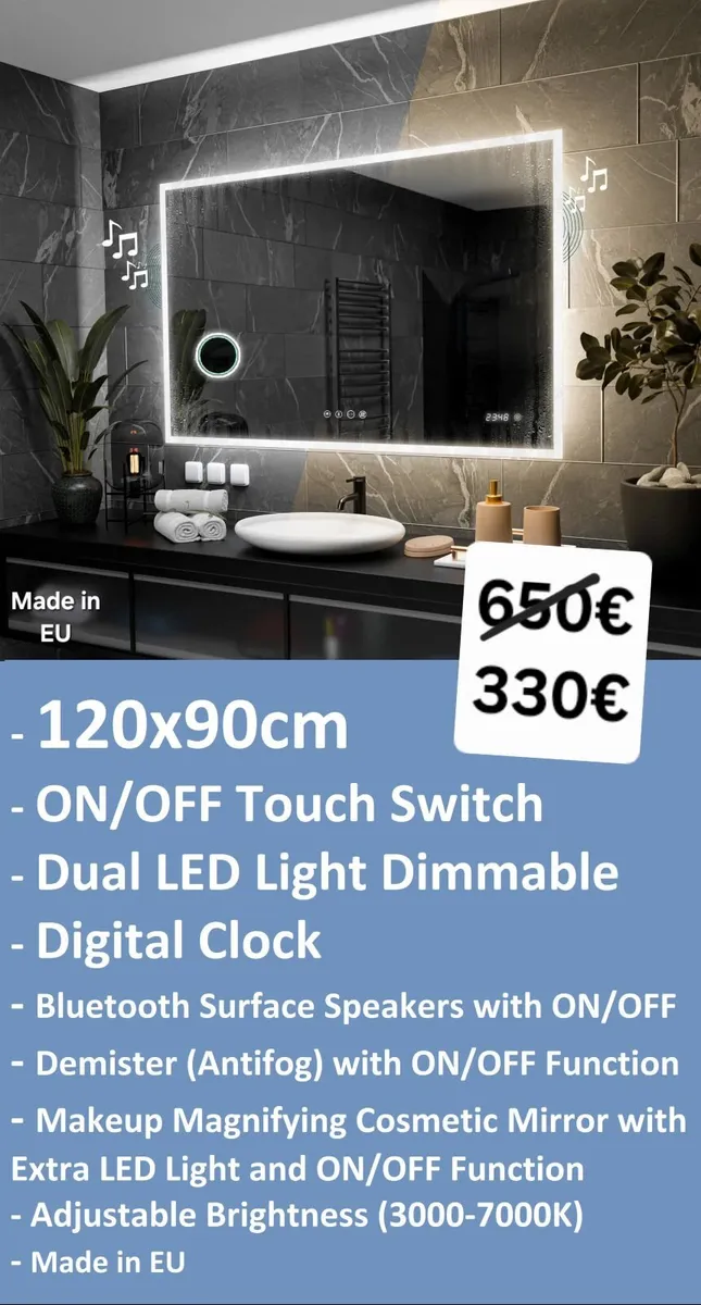 LED Bathroom Mirror Speakers Makeup Antifog - Image 1