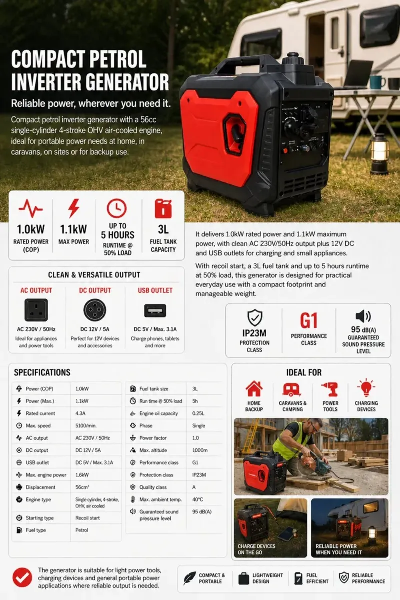 1.0kW Petrol Inverter Generator 56cc 230V 12V USB - Image 3