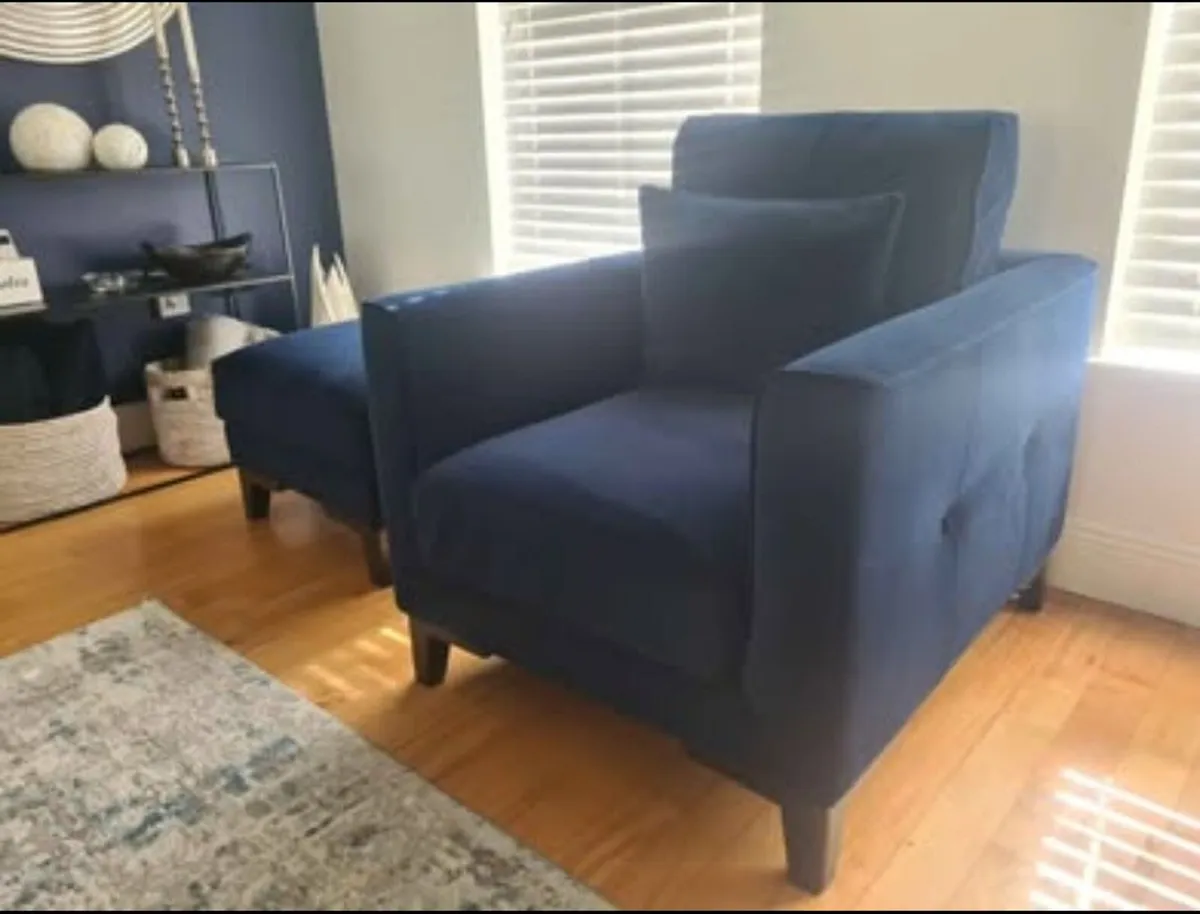 Ez Living Navy Velvet Sofas, Armchair & Stool - Image 4