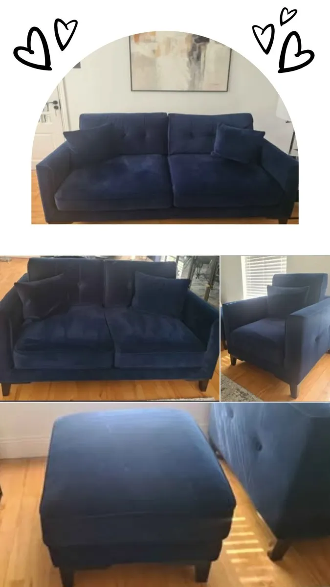 Ez Living Navy Velvet Sofas, Armchair & Stool - Image 1