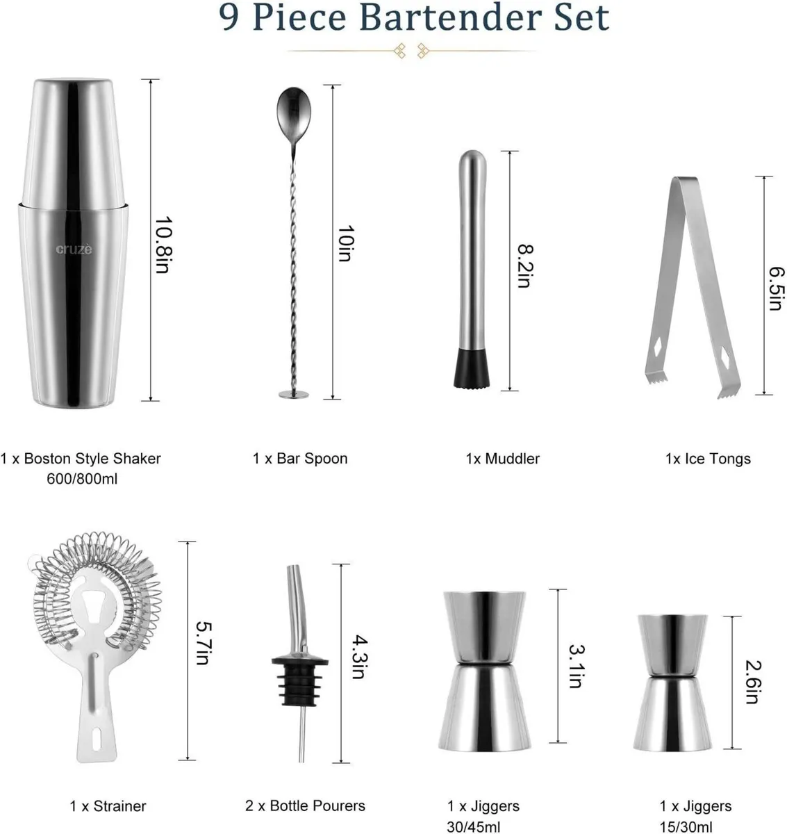 9pc Cocktail Shaker Kit with Stand Tools - Image 3