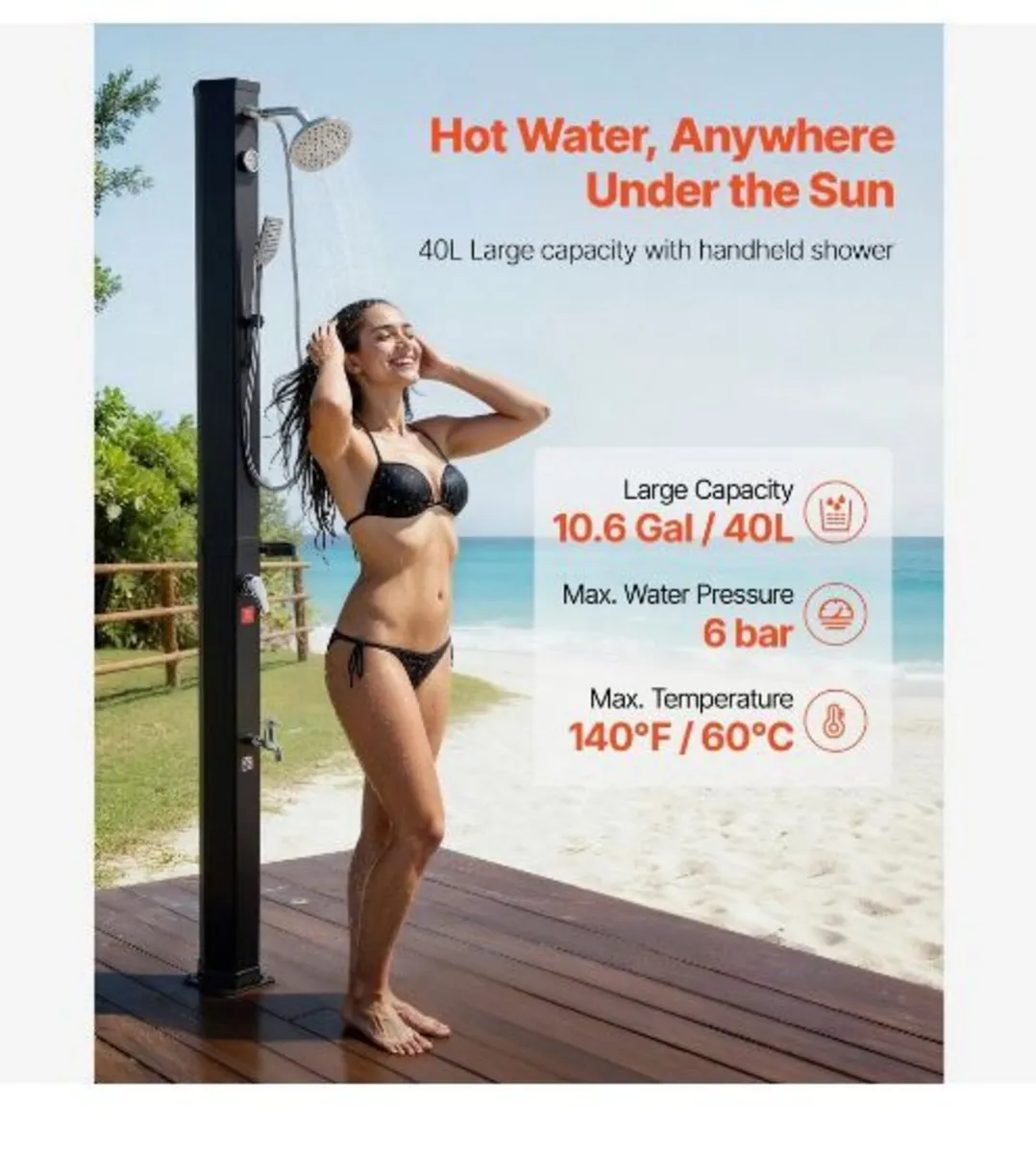 40L Solar Heated Shower, 205cm - Image 2