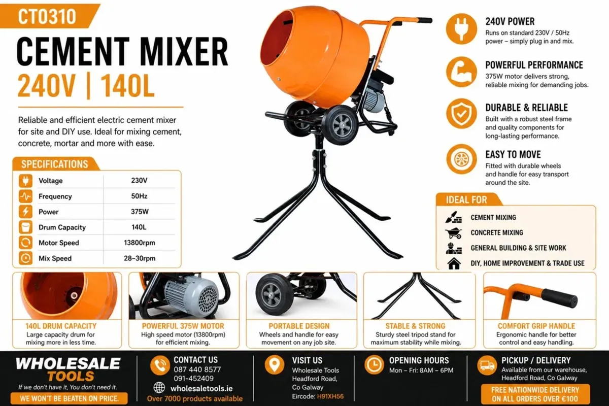 240V Cement Mixer 140L - Image 2