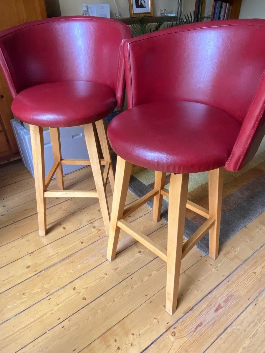 2 Leather and Wood Swivel Bar Stools - Image 1
