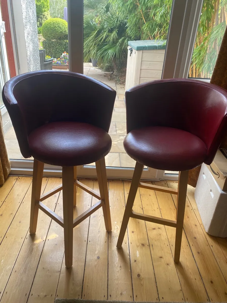 2 Leather and Wood Swivel Bar Stools - Image 2