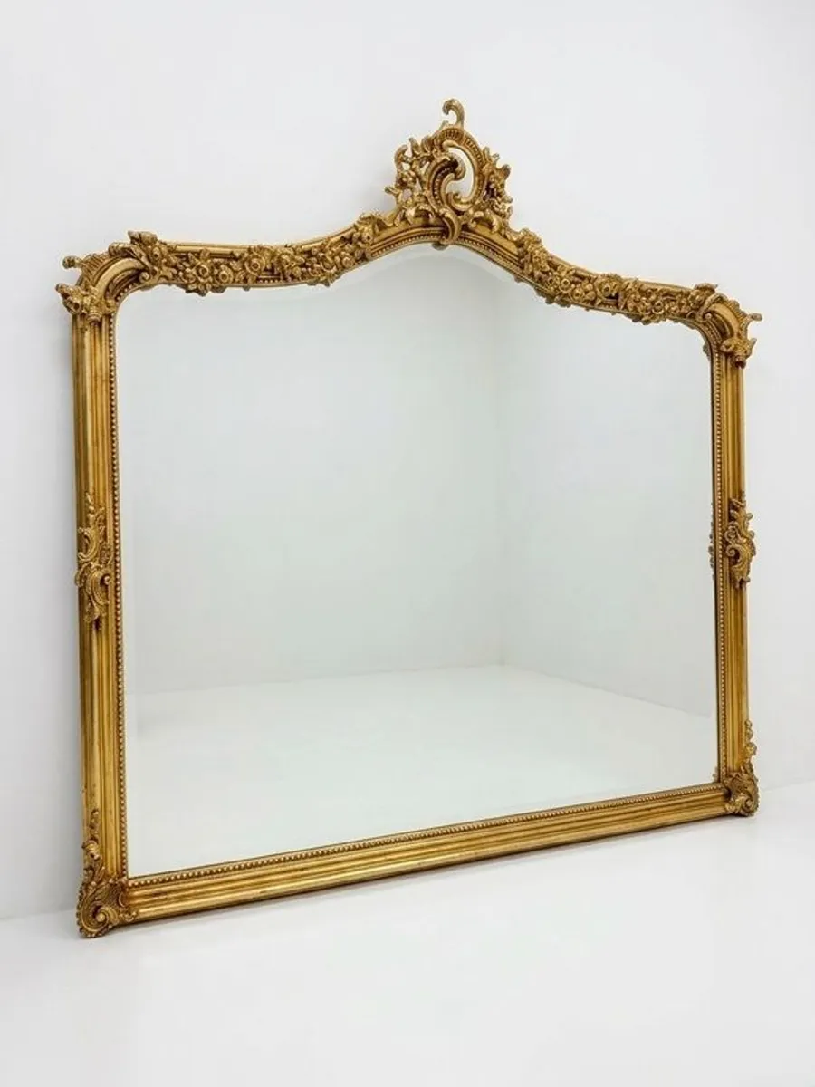 Large Ornate French Style Carved Scroll Mirror in Gilt Finish - Image 1