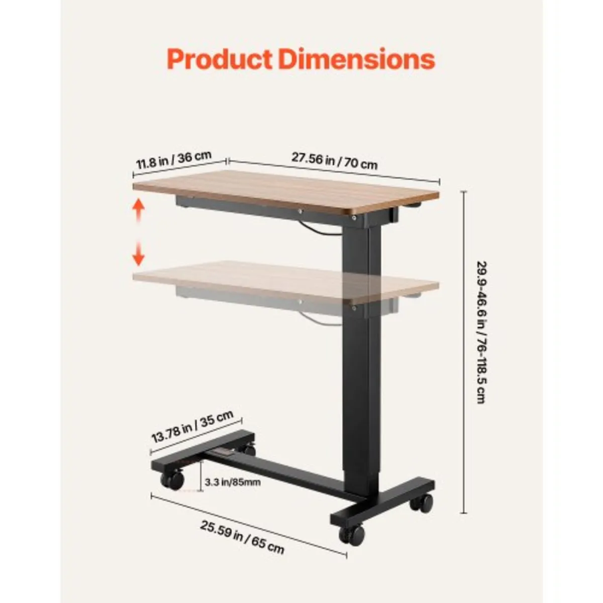 Table, Mobile Bed Side Table with 4 Wheels, Electr - Image 3
