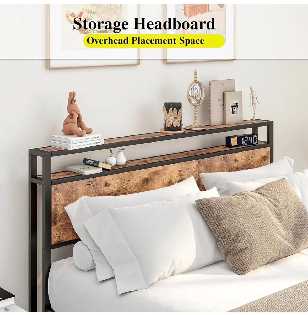 King Size Bed Frame with Storage Wooden Headboard, - Image 2