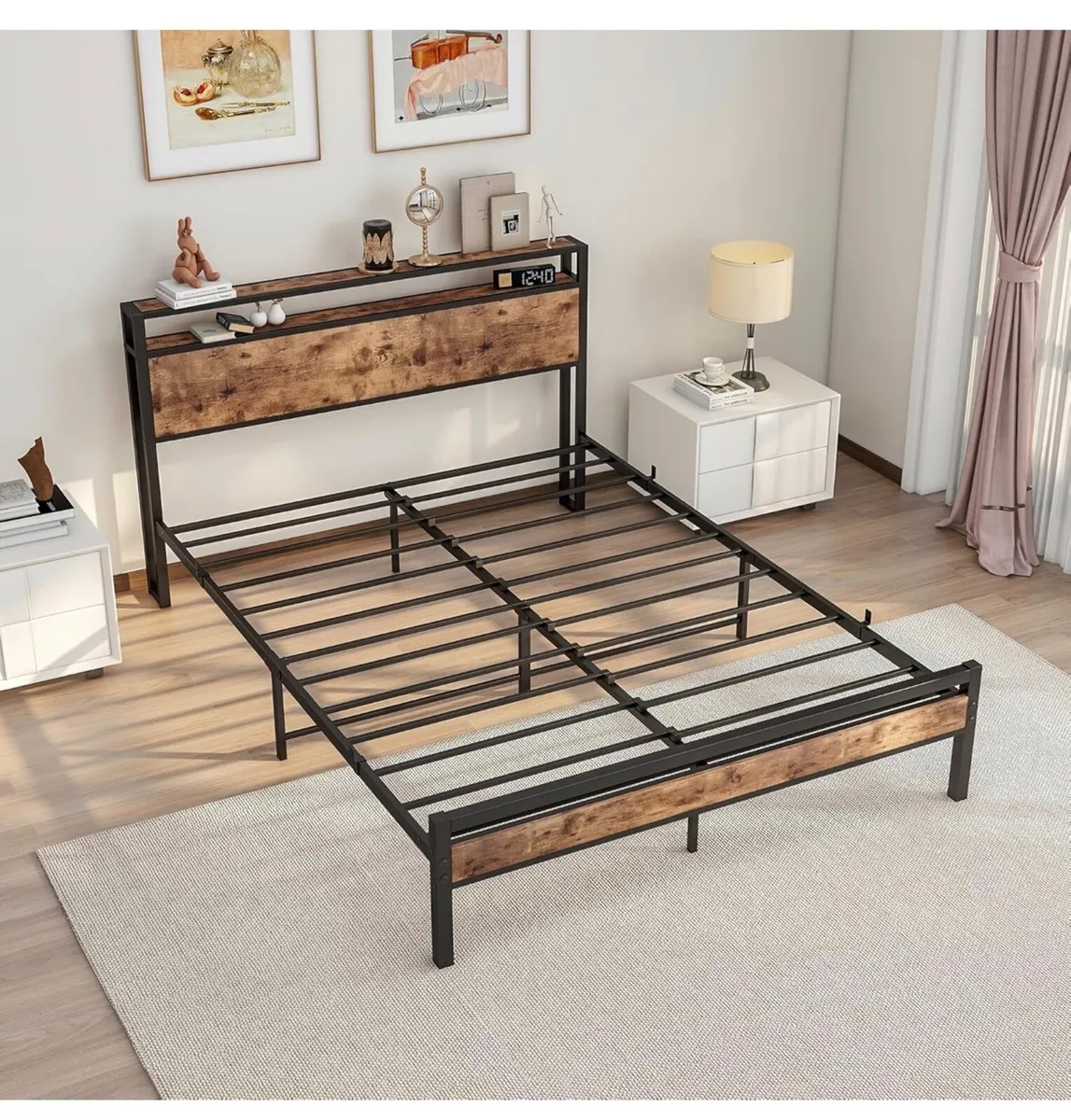 King Size Bed Frame with Storage Wooden Headboard, - Image 3