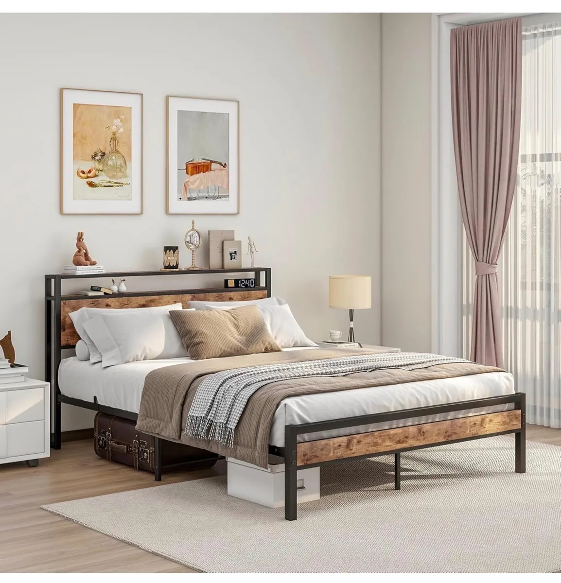 King Size Bed Frame with Storage Wooden Headboard, - Image 1