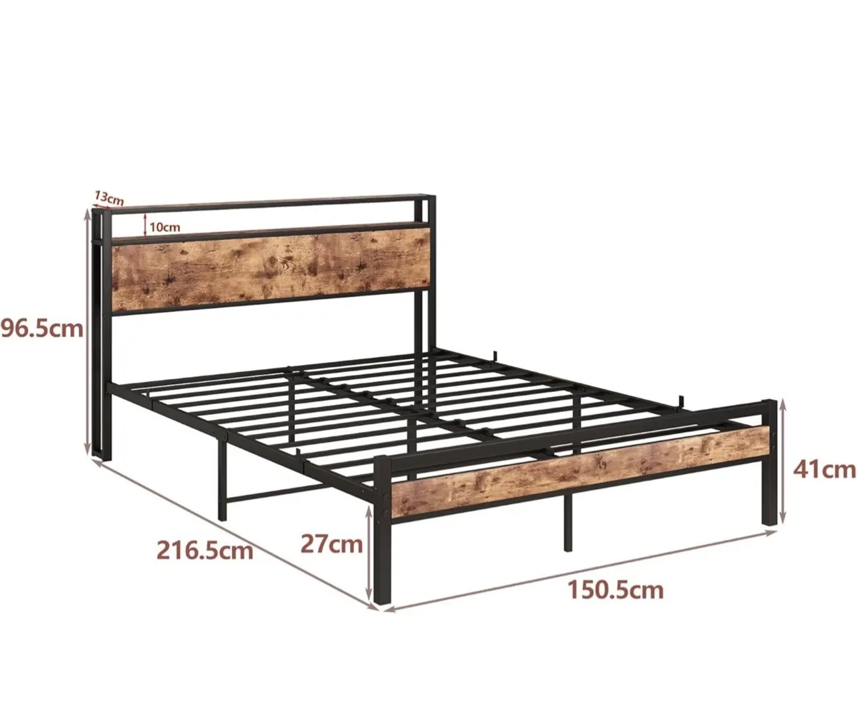 King Size Bed Frame with Storage Wooden Headboard, - Image 4