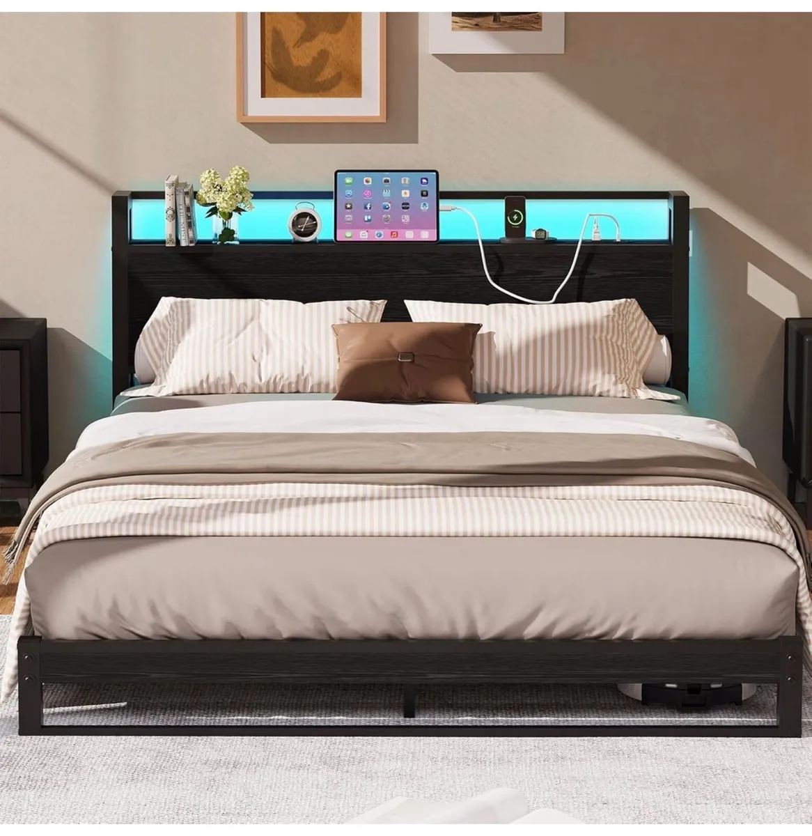 Kingsize Floor Bed Base with Charging Station Led - Image 1