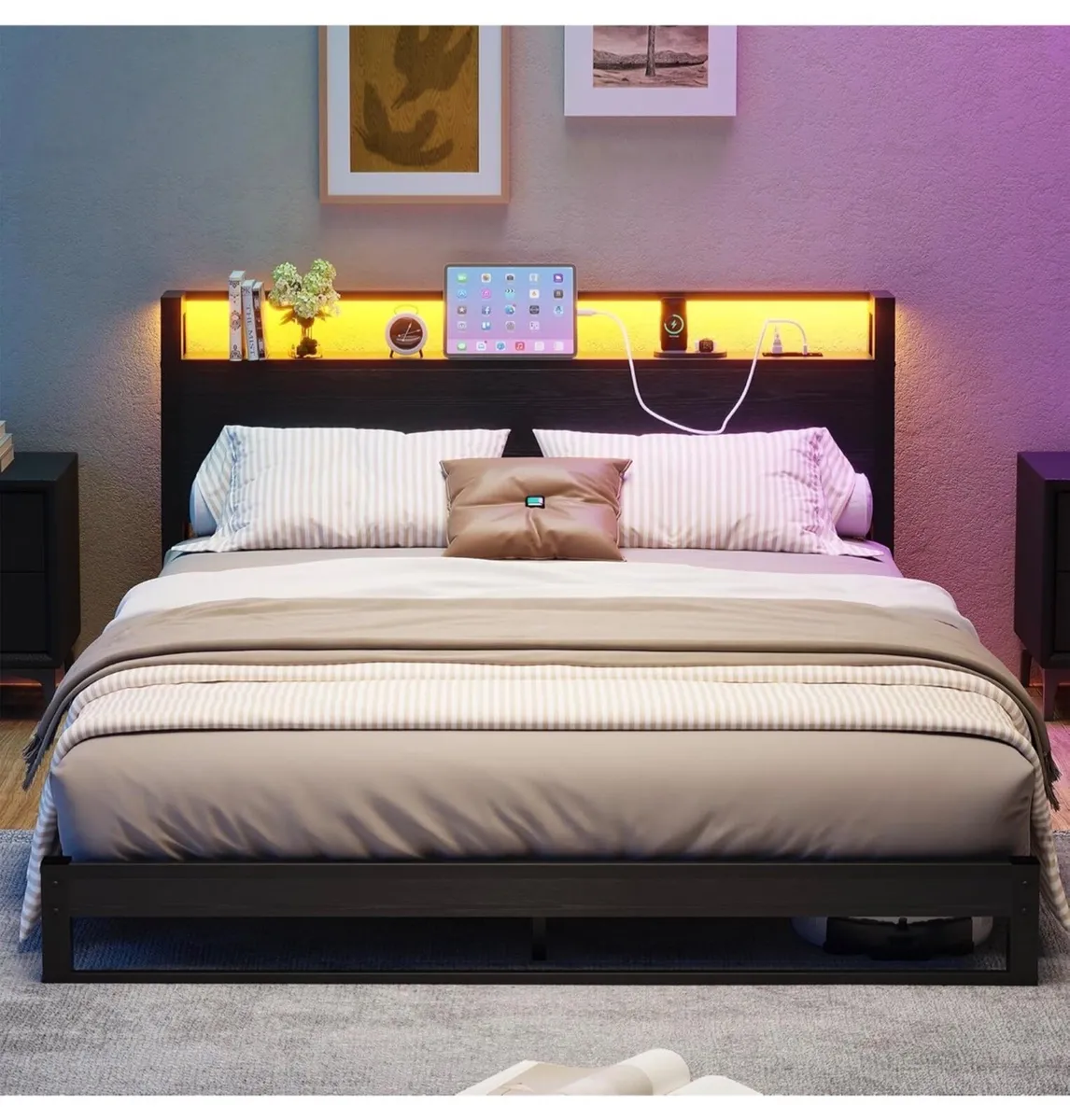 Kingsize Floor Bed Base with Charging Station Led - Image 4