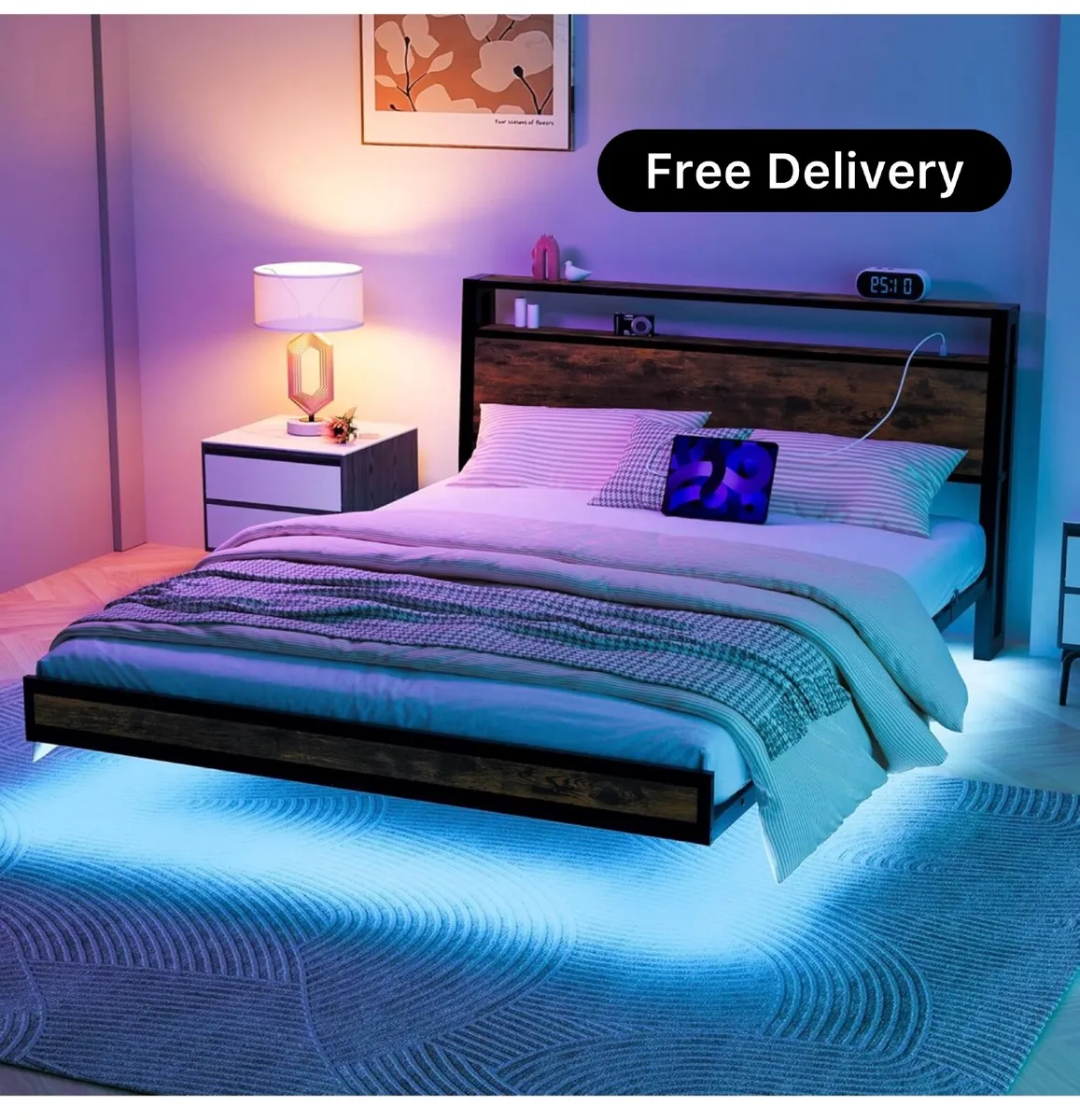 Floating Bed Frame King Size with Charging Station - Image 1